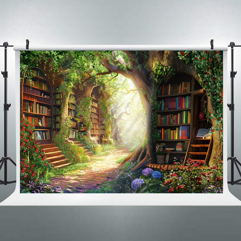 Riyidecor Fairy Library Backdrop Polyester Fabric Enchanted Woodland Bookshelf Green Garden Book Tree Floral Plant Kid 7Wx5H Feet Photography Background Birthday Baby Shower Photo Studio Shoot - Image 4