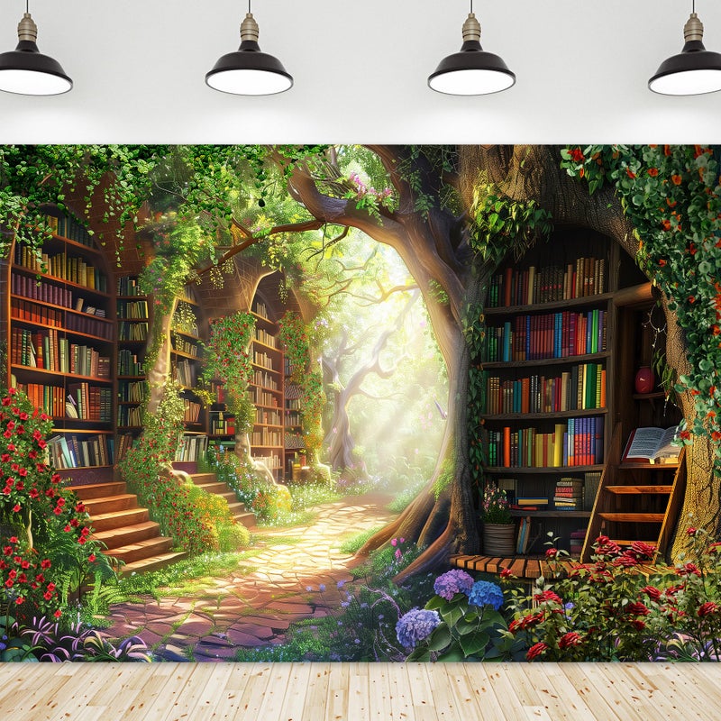 Riyidecor Fairy Library Backdrop Polyester Fabric Enchanted Woodland Bookshelf Green Garden Book Tree Floral Plant Kid 7Wx5H Feet Photography Background Birthday Baby Shower Photo Studio Shoot - Image 1