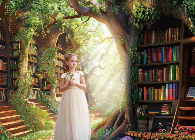 Riyidecor Fairy Library Backdrop Polyester Fabric Enchanted Woodland Bookshelf Green Garden Book Tree Floral Plant Kid 7Wx5H Feet Photography Background Birthday Baby Shower Photo Studio Shoot - Image 2