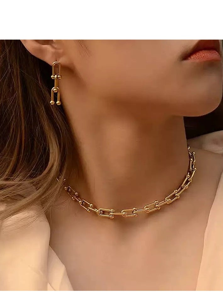 SYNSYB - SYNSYB Luxurious 14K Gold Plated Paperclip Chain Jewelry Set for Women - Includes Adjustable Necklace, Bracelet, and Dangle Earrings - Chunky Link Accessory Collection - Image 1