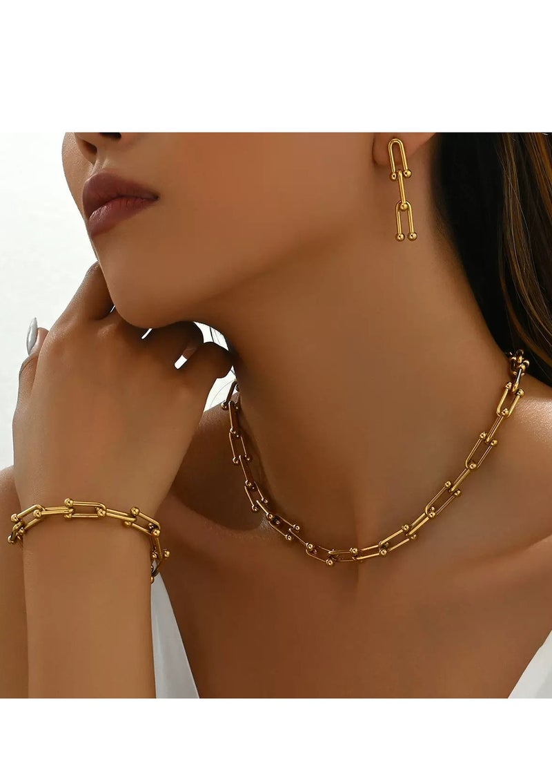 SYNSYB - SYNSYB Luxurious 14K Gold Plated Paperclip Chain Jewelry Set for Women - Includes Adjustable Necklace, Bracelet, and Dangle Earrings - Chunky Link Accessory Collection - Image 1
