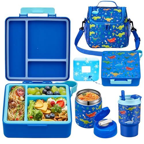 Howeemo Bento Lunch Box for Kids with 17oz Soup Thermo,Insulated Tumbler Water Bottle and Insulated Lunch Bag,Leak-Proof 3 Compartment Lunch Food Container with with Ice Pack for Kids to School-Dinosaur - Image 1