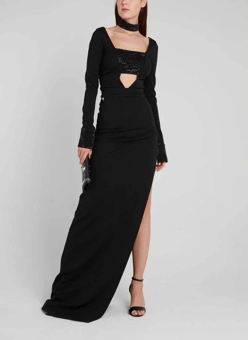 PHILIPP PLEIN Jessa Black Embellished Slit Dress