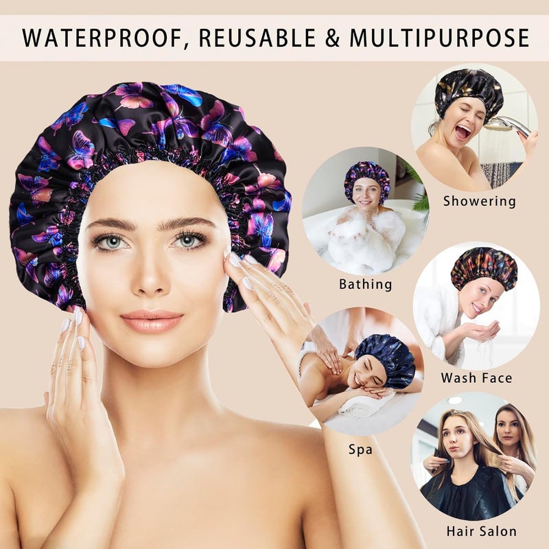 CHFONG 4 PCS Shower Cap for Women, Elastic and Reusable Bath Caps, Double Layers Shower Caps Reusable Waterproof, Bathing Shower Caps, Environmental Bath Hair Protection Cap - Butterfly A - Image 3