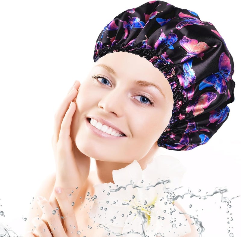 CHFONG 4 PCS Shower Cap for Women, Elastic and Reusable Bath Caps, Double Layers Shower Caps Reusable Waterproof, Bathing Shower Caps, Environmental Bath Hair Protection Cap - Butterfly A - Image 2
