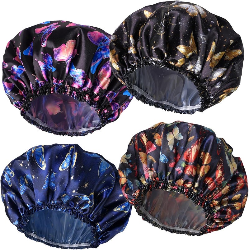 CHFONG 4 PCS Shower Cap for Women, Elastic and Reusable Bath Caps, Double Layers Shower Caps Reusable Waterproof, Bathing Shower Caps, Environmental Bath Hair Protection Cap - Butterfly A - Image 1