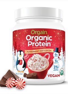 Orgain Organic Vegan Protein Powder, Peppermint Hot Cocoa Holiday Flavor - 21g of Plant Protein, 5g Prebiotic Fiber, No Lactose Ingredients, No Added Sugar, Non-GMO, For Shakes & Smoothies, 1.02 lb  - Image 1