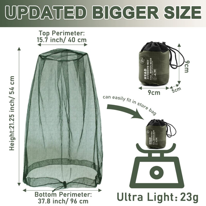 Benvo Mosquito Head Net Mesh, Face Neck Fly Netting Hood from Bugs Gnats Noseeums Screen Net for Any Outdoor Lover- with Carry Bags Fits Most Sizes of Hats Caps (2pcs, Olive, Updated Big Net) - Image 2