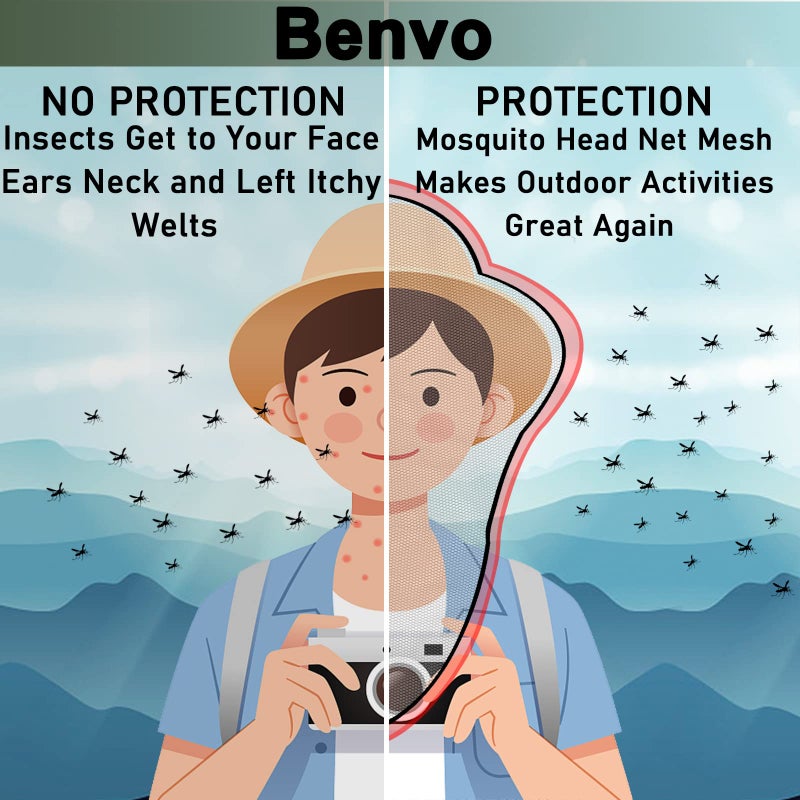 Benvo Mosquito Head Net Mesh, Face Neck Fly Netting Hood from Bugs Gnats Noseeums Screen Net for Any Outdoor Lover- with Carry Bags Fits Most Sizes of Hats Caps (2pcs, Olive, Updated Big Net) - Image 5