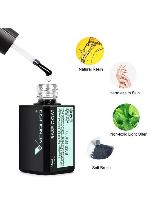 V VENALISA VENALISA 2 Pcs 15ml Gel Nail Ploish Base and Top Coat Set, No Wipe High Gloss Long Lasting Tempered Top Coat Polish Soak Off LED Gel Kit - Image 3