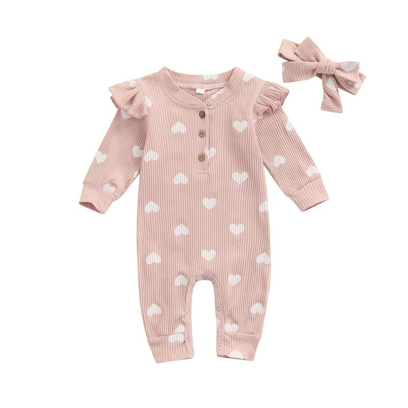 MoZiKQin Newborn Baby Girl Ruffle Romper Knit Sweater Onesie Jumpsuit Long Sleeve Zipper Onesie Solid Fall Winter Outfits (D Love Heart Pink, 0-3 Months) - Image 1