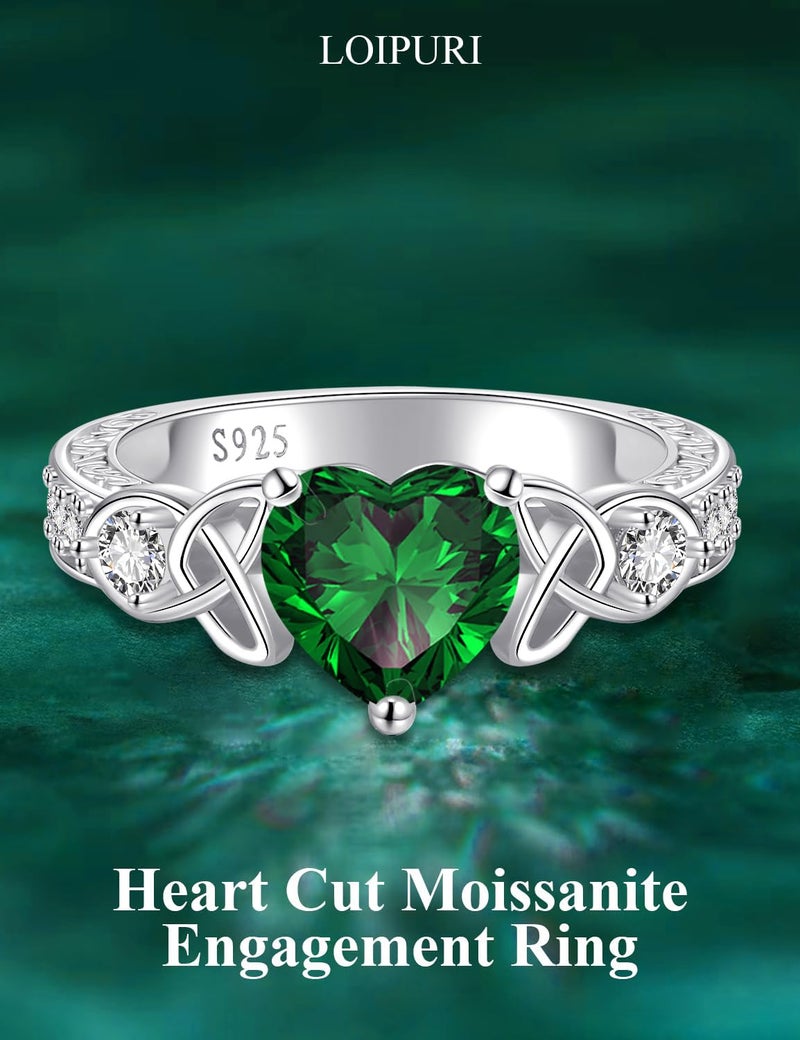 LOIPURI Emerald Moissanite Promise Rings for Her, 2CT D Color VVS1, Heart Shaped Celtic Knot, 925 Sterling Silver Engagement Wedding Anniversary Valentines Promise Gift with Certificate, Size 8 - Image 2
