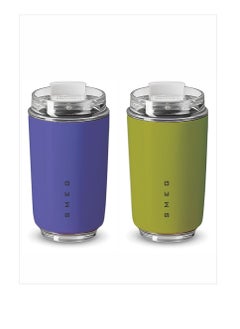 smeg Travel Mug, Insulated Coffee Tumbler, Leak Proof Stainless Steel Thermal Reusable Coffee Cup, Lightweight And Portable Drink Container For Office Traveling, (Pack Of 2pcs, 320ML, Purple And Green)  - Image 1