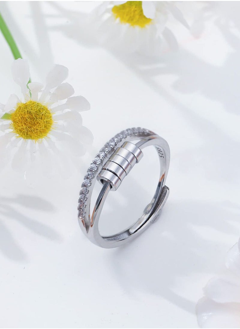 Generic - Silver Anxiety Ring for Women Men,Fidget Rings for Anxiety Stress Reliever with Beads,Adjustable Open Band Ring Size Cubic Zirconia Flower Finger Ring Spinner Thumb Rings Gift - Image 1