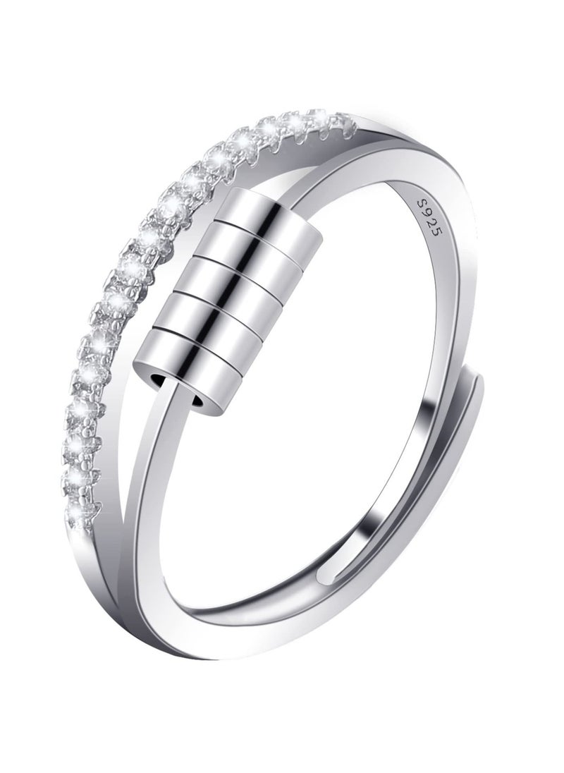 Generic - Silver Anxiety Ring for Women Men,Fidget Rings for Anxiety Stress Reliever with Beads,Adjustable Open Band Ring Size Cubic Zirconia Flower Finger Ring Spinner Thumb Rings Gift - Image 1