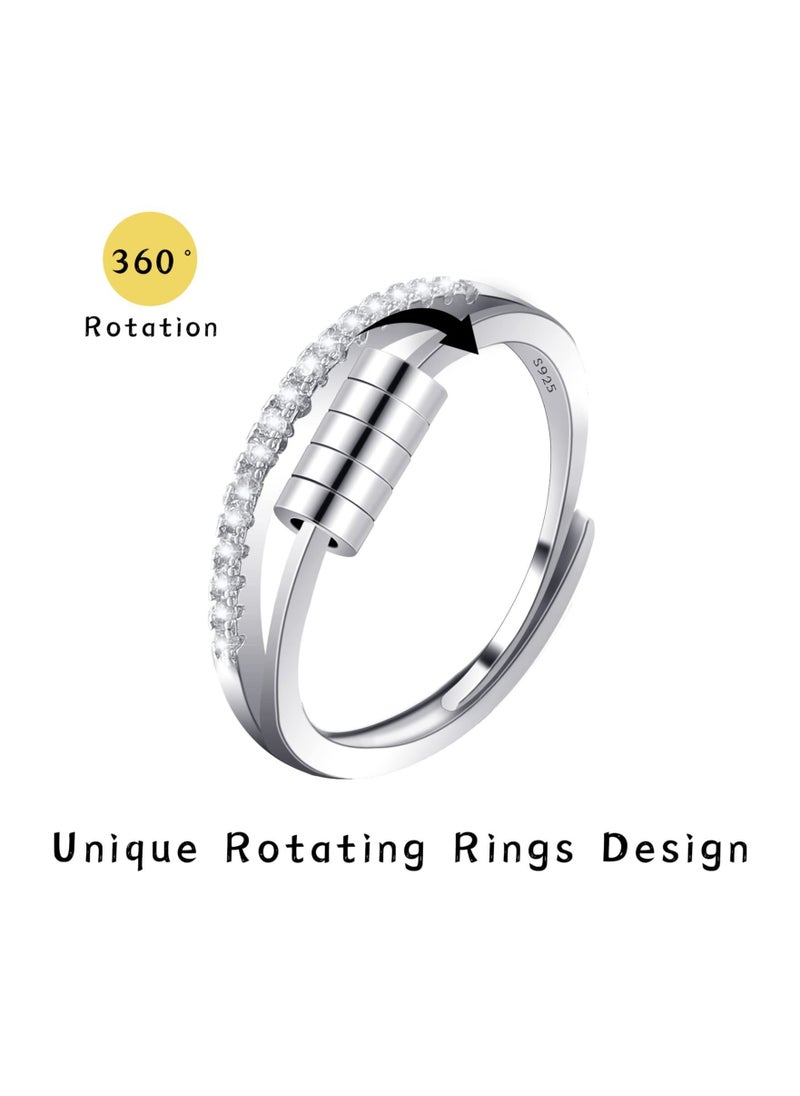Generic - Silver Anxiety Ring for Women Men,Fidget Rings for Anxiety Stress Reliever with Beads,Adjustable Open Band Ring Size Cubic Zirconia Flower Finger Ring Spinner Thumb Rings Gift - Image 1
