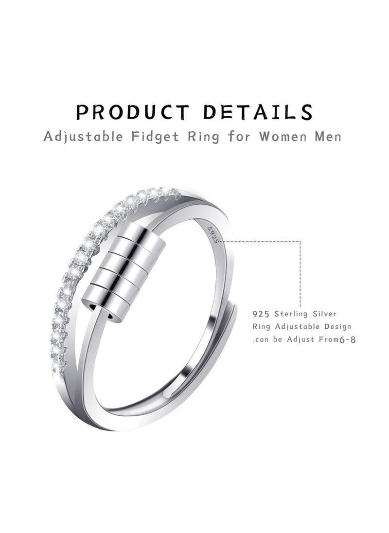 Generic - Silver Anxiety Ring for Women Men,Fidget Rings for Anxiety Stress Reliever with Beads,Adjustable Open Band Ring Size Cubic Zirconia Flower Finger Ring Spinner Thumb Rings Gift - Image 1