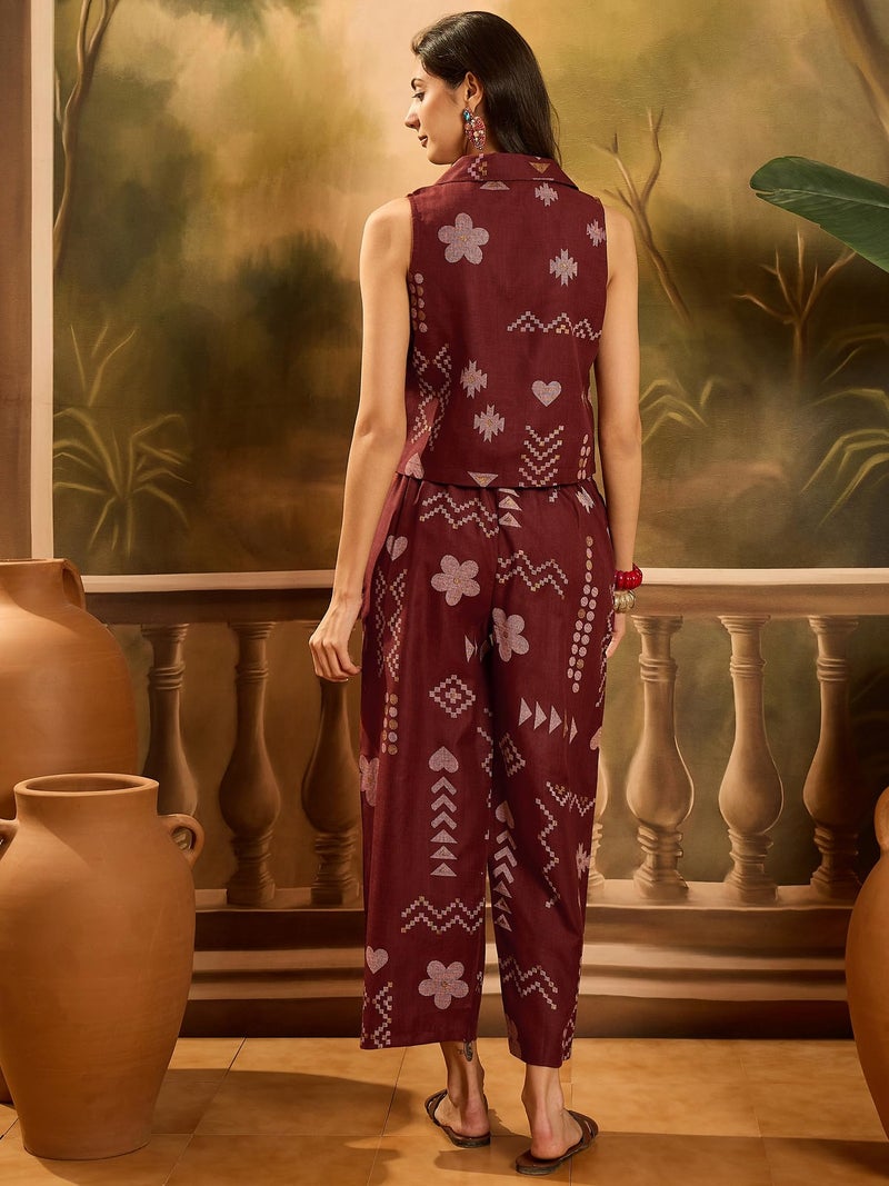 Stylum Women's Rust Geomatric Printed Cotton Blend Short Kurti Pant Set (Medium) - Image 2