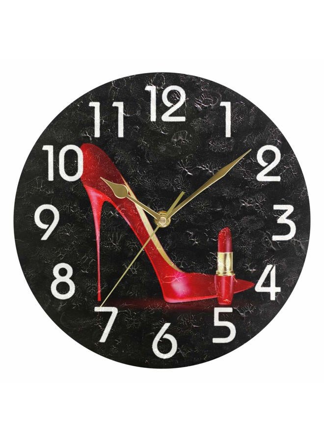 Naanle Trendy Red Shoe Llipstick Lady Black Round Wall Clock, 9.5 Inch Battery Operated Quartz Analog Quiet Desk Clock for Home,Kitchen,Office,School - Image 1