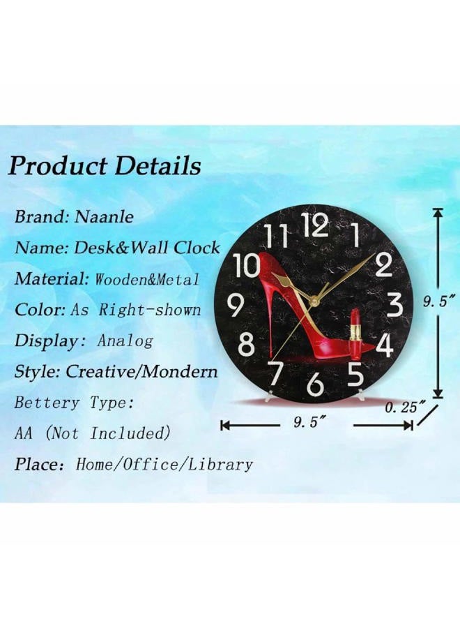 Naanle Trendy Red Shoe Llipstick Lady Black Round Wall Clock, 9.5 Inch Battery Operated Quartz Analog Quiet Desk Clock for Home,Kitchen,Office,School - Image 2