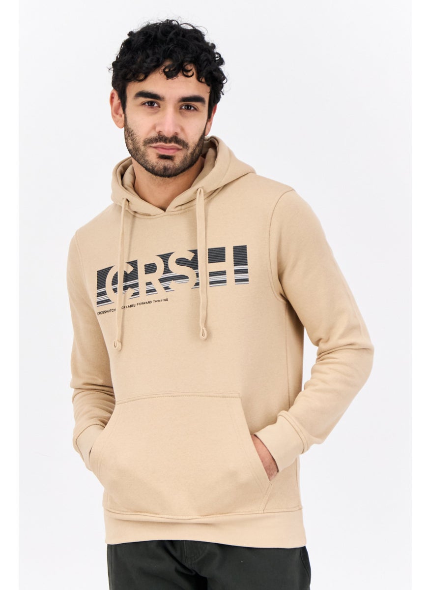 CROSSHATCH Men Hooded Brand Logo Long Sleeve Sweatshirt, Beige  - Image 1