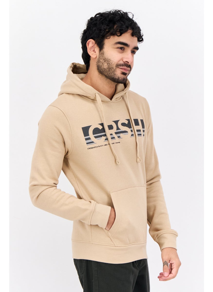 CROSSHATCH Men Hooded Brand Logo Long Sleeve Sweatshirt, Beige  - Image 2
