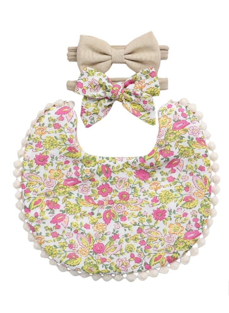 Bambimici Angelica Baby Bib And Headband Floral Yellow & Pink - Image 1