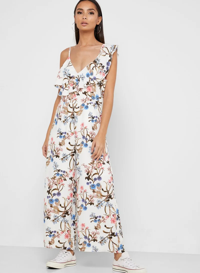 Ginger Floral Print One Shoulder Frill Jumpsuit