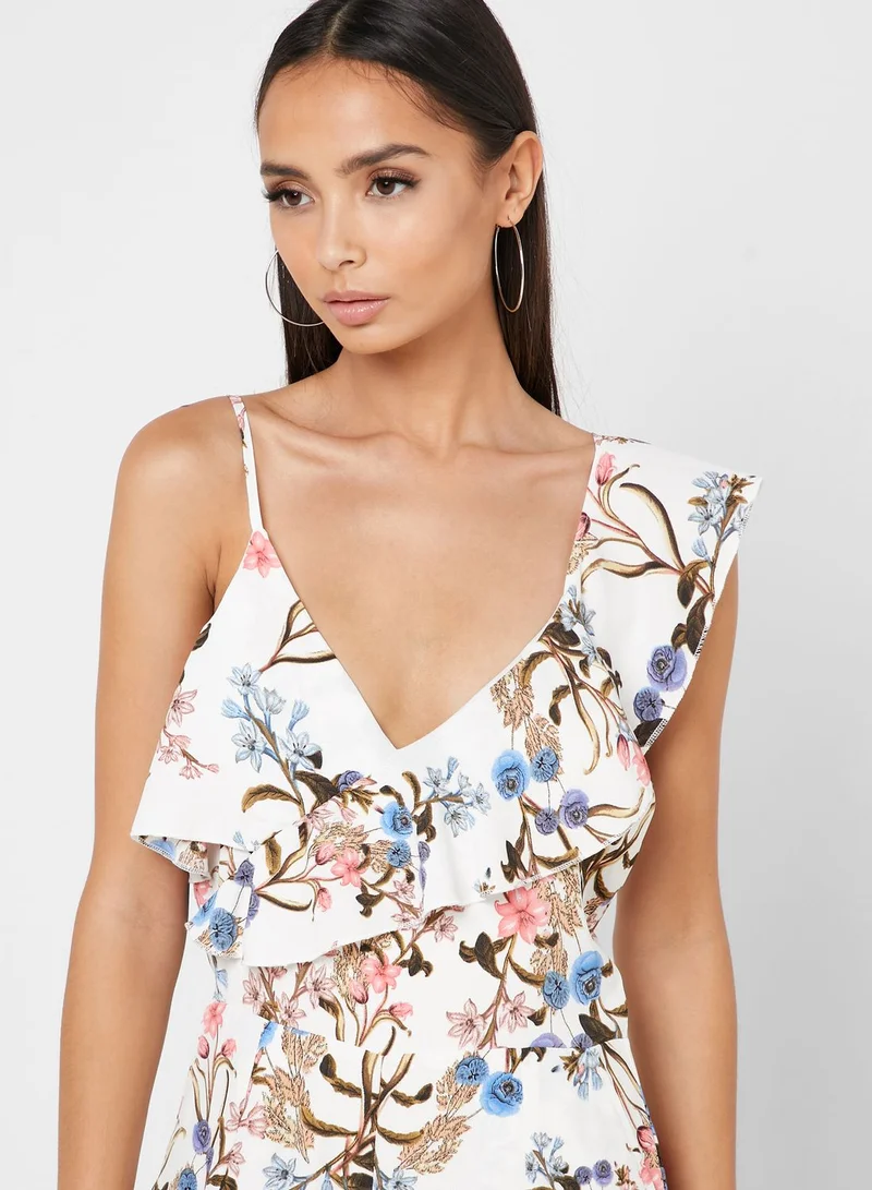 Ginger Floral Print One Shoulder Frill Jumpsuit