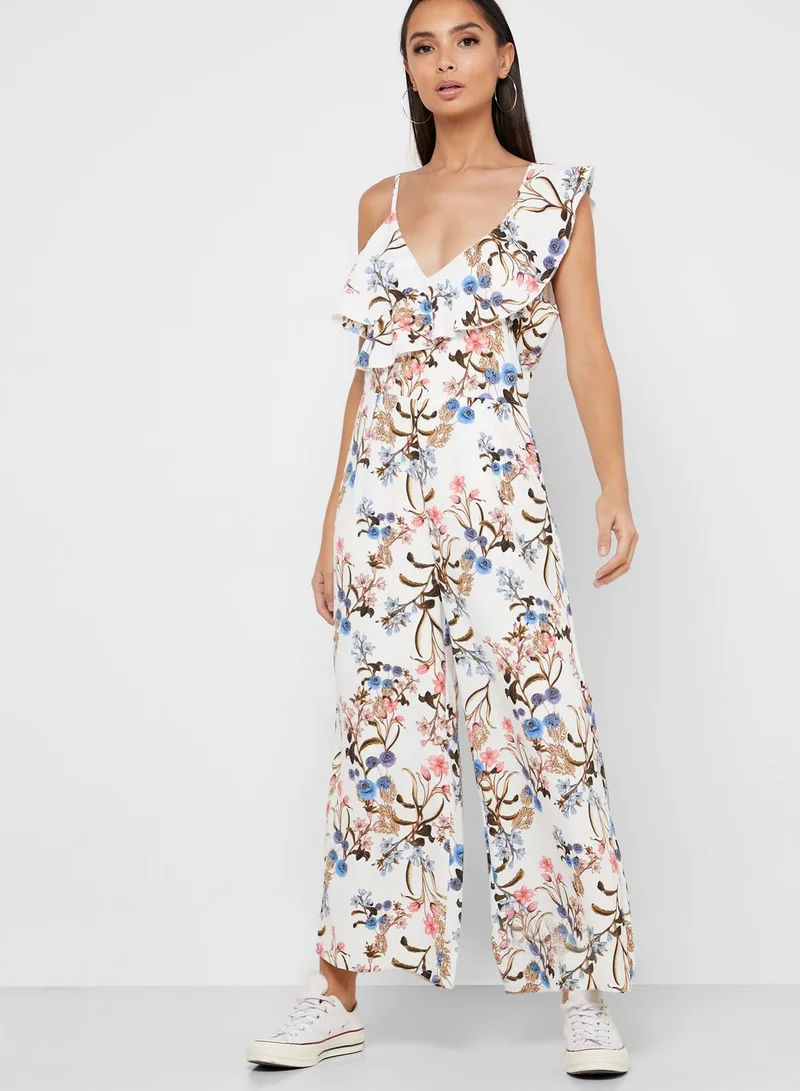 Ginger Floral Print One Shoulder Frill Jumpsuit