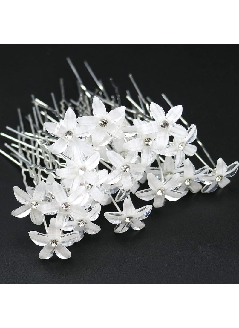 DonLeeving 30 PCS Bride Wedding Hair Pins White Flower Bridal Head Clip Crystal Rhinestone Hair Barrettes UShape Hair Clips Hair Accessories for Bridal Wedding Women 