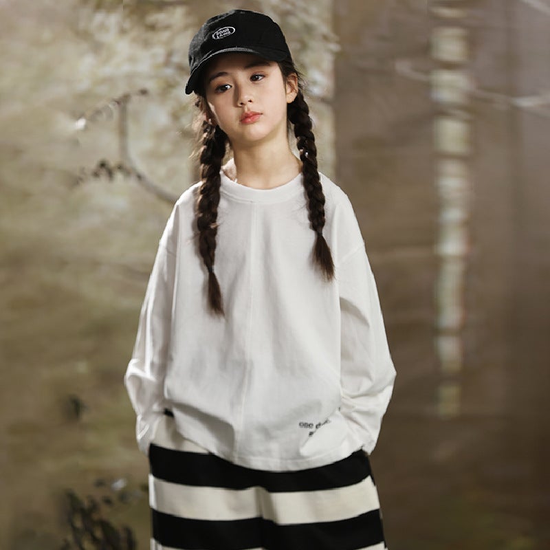 Girls suit 2025 Autumn New Childrens T-shirt Long Sleeve Top Childrens Wear Vest Casual Pants Two-piece Set White Undershirt 