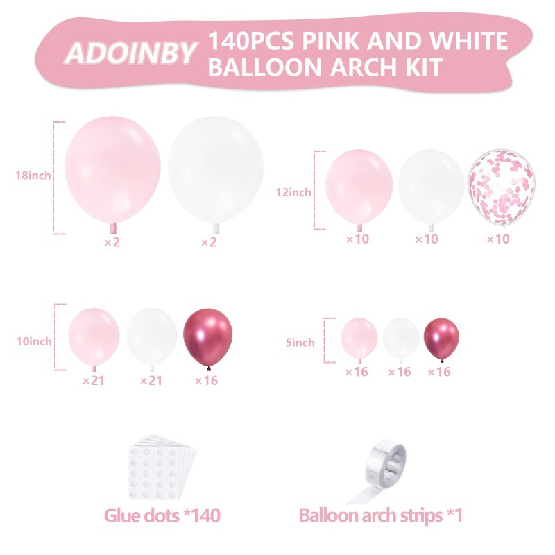 ADOINBY Pink Balloon Arch Kit, 140Pcs Pastel Light Metallic Pink and White Balloons with Pink Confetti Balloon Garland Kit for Birthday, Galentine's Day, Valentine's Day, Anniversary Party Decoration - Image 2