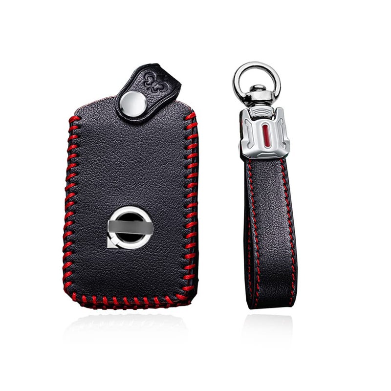 SANRILY Cowhide Leather Key Fob Cover for Volvo XC90 2017 2018 2019 XC60 S90 V90 Key Fob Keyless Full Protection Smart Key Case with Keychain Black