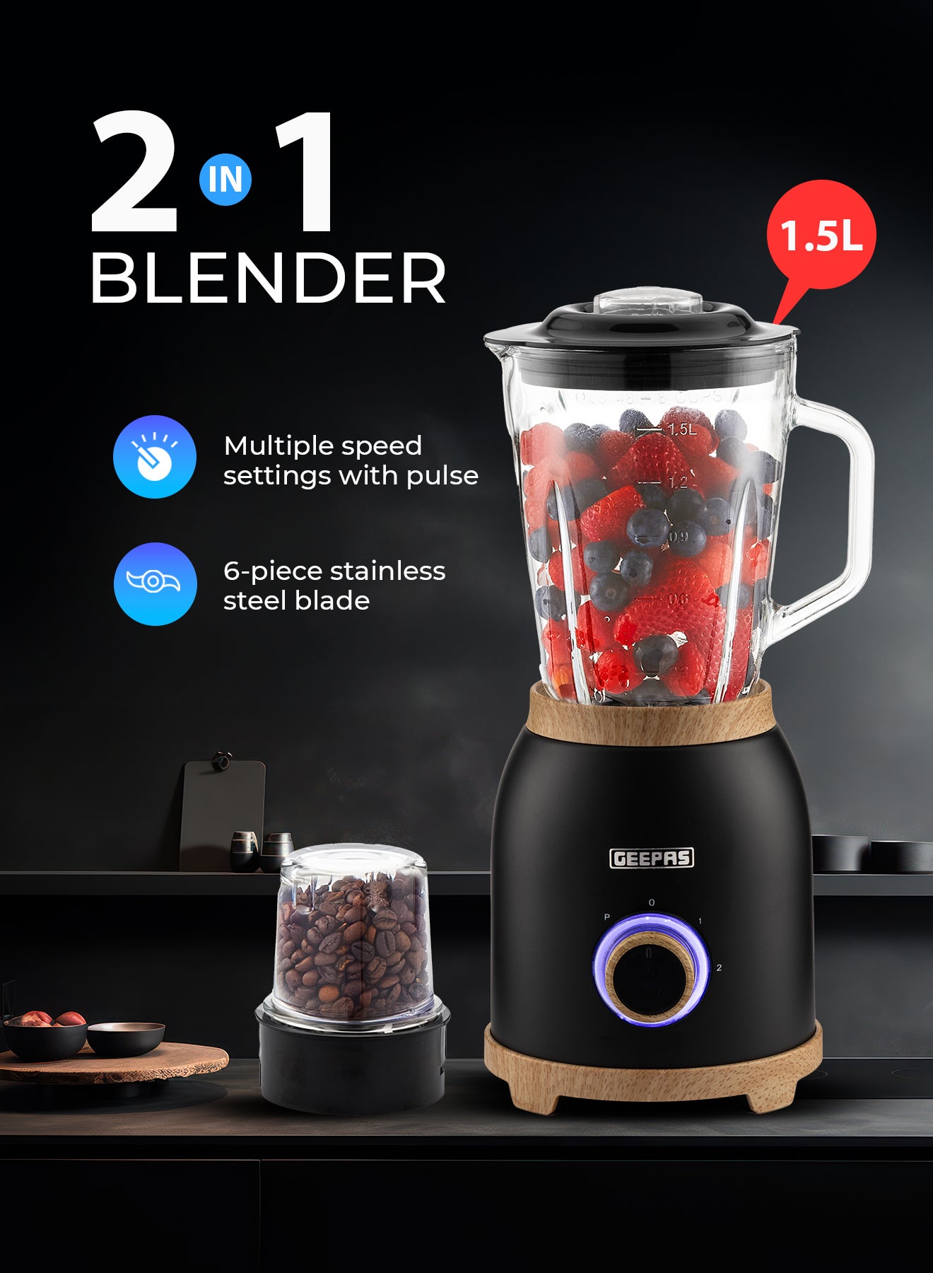 GEEPAS 2-in-1 Electric Blender & Grinder 800W | 1.5L Durable Glass Jar, 6-Blade Stainless Steel System | Multiple Speed Control with Pulse, Safe Lock Protection, Retro Design | GSB44045UK-BK Black 1.5
