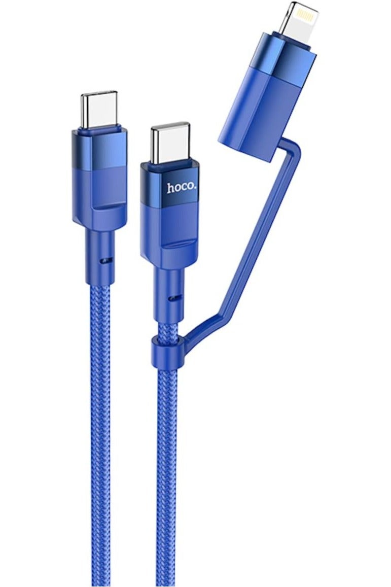 Hoco U106-2-in-1 Moulder Super Fast Charging And Data Transmittion Cable (3A - 100w - 1.2m), Type-c To Type-c/lightning Plug Compatible With Apple iPhone iPad Airpods - Blue - Image 1