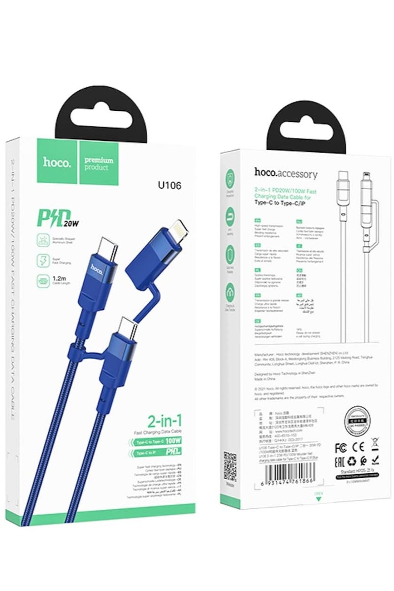 Hoco U106-2-in-1 Moulder Super Fast Charging And Data Transmittion Cable (3A - 100w - 1.2m), Type-c To Type-c/lightning Plug Compatible With Apple iPhone iPad Airpods - Blue - Image 5