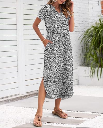 MISFAY Women's Summer Casual Maxi Dress 2026 Short Sleeves V Neck Loose Sundress Split Long Beach T Shirt Dress Vacation(Floral Black White,L) - Image 2