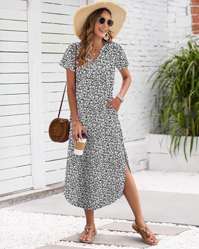 MISFAY Women's Summer Casual Maxi Dress 2026 Short Sleeves V Neck Loose Sundress Split Long Beach T Shirt Dress Vacation(Floral Black White,L) - Image 4