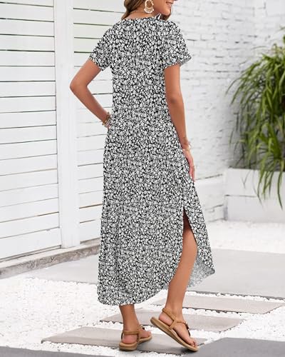 MISFAY Women's Summer Casual Maxi Dress 2026 Short Sleeves V Neck Loose Sundress Split Long Beach T Shirt Dress Vacation(Floral Black White,L) - Image 3