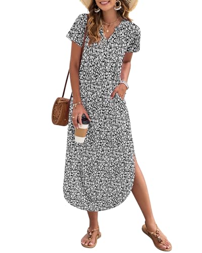 MISFAY Women's Summer Casual Maxi Dress 2026 Short Sleeves V Neck Loose Sundress Split Long Beach T Shirt Dress Vacation(Floral Black White,L) - Image 5