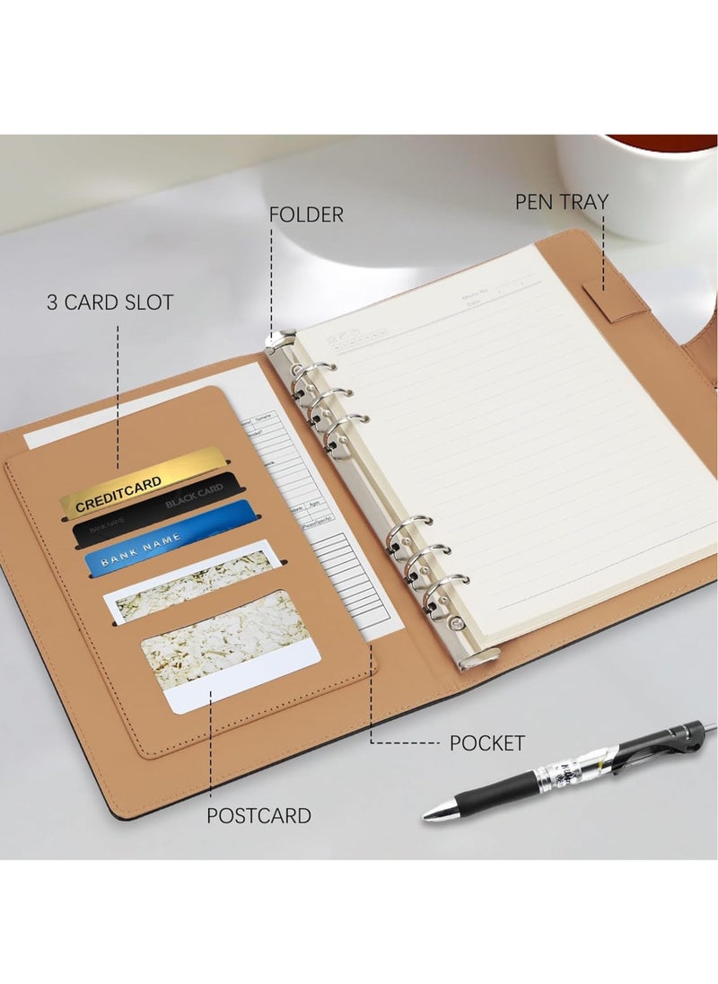 DUNISO - A5 Ring Binder Notebook, 6 Ring Leather A5 Binder With A5 Refill Papers Travel Binder Journal Personal Planner Notebook Black (23.4*17.5 cm) - Image 1