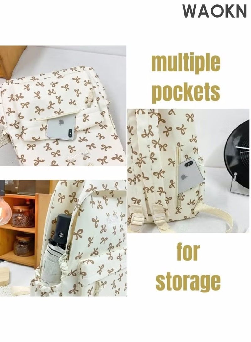 WAOKN Women's small, fresh, bow printed fashionable, simple bow shaped backpack, suitable for middle school students, college students, and campus backpacks, lightweight and lightweight lightweight backpack made of nylon material - Image 4