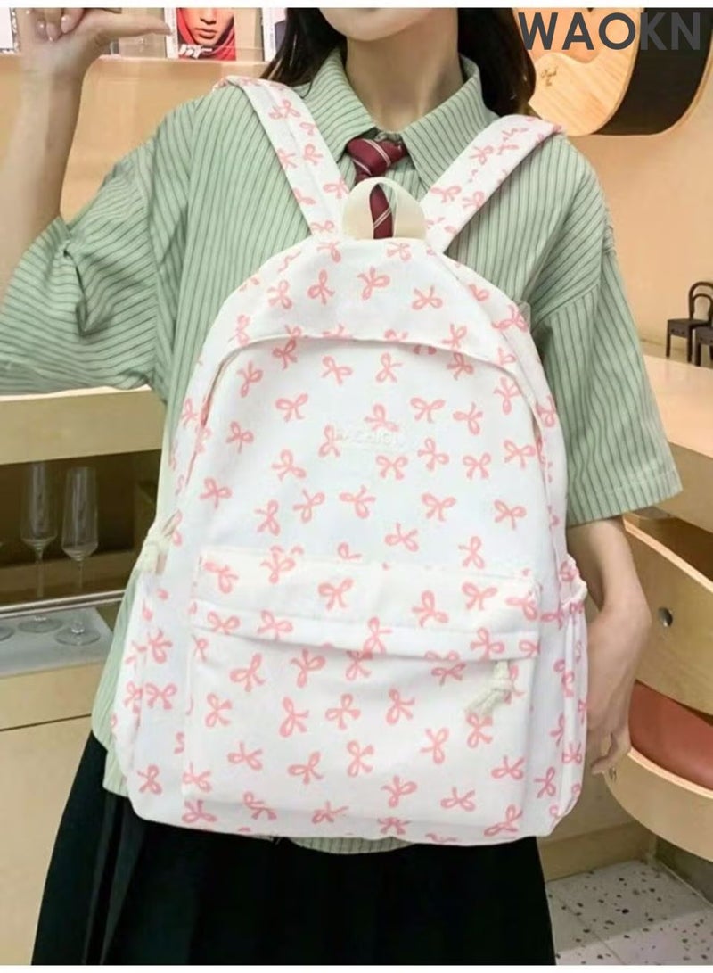 WAOKN Women's small, fresh, bow printed fashionable, simple bow shaped backpack, suitable for middle school students, college students, and campus backpacks, lightweight and lightweight lightweight backpack made of nylon material - Image 3