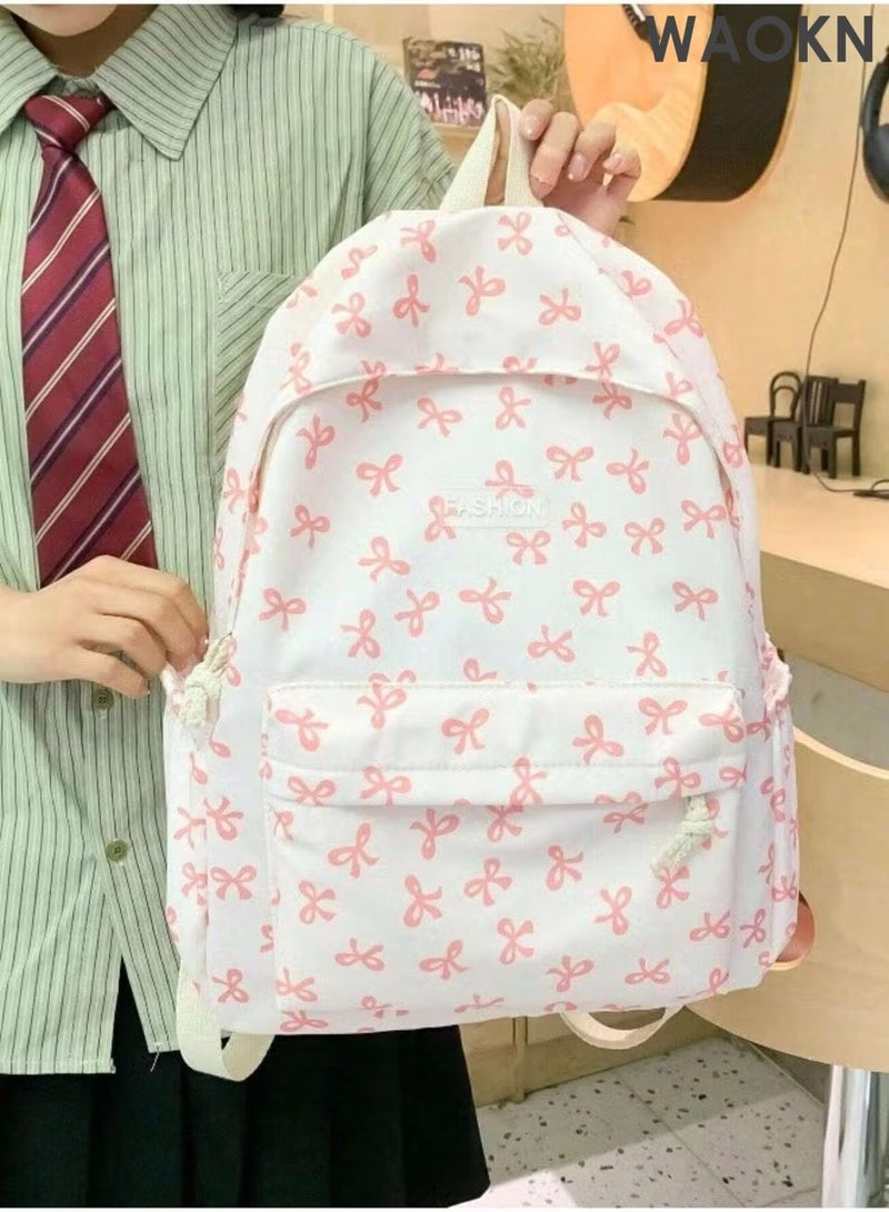 WAOKN Women's small, fresh, bow printed fashionable, simple bow shaped backpack, suitable for middle school students, college students, and campus backpacks, lightweight and lightweight lightweight backpack made of nylon material - Image 2
