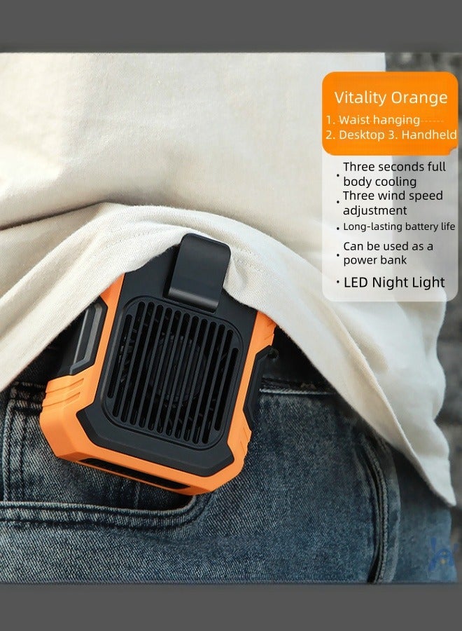 FAMILY مروحة معلقة على الخصر مع ضوء وشحن USB من Treasure Summer Outdoor Strong Wind Waist Clip Portable Fan - برتقالي وأسود - Image 3