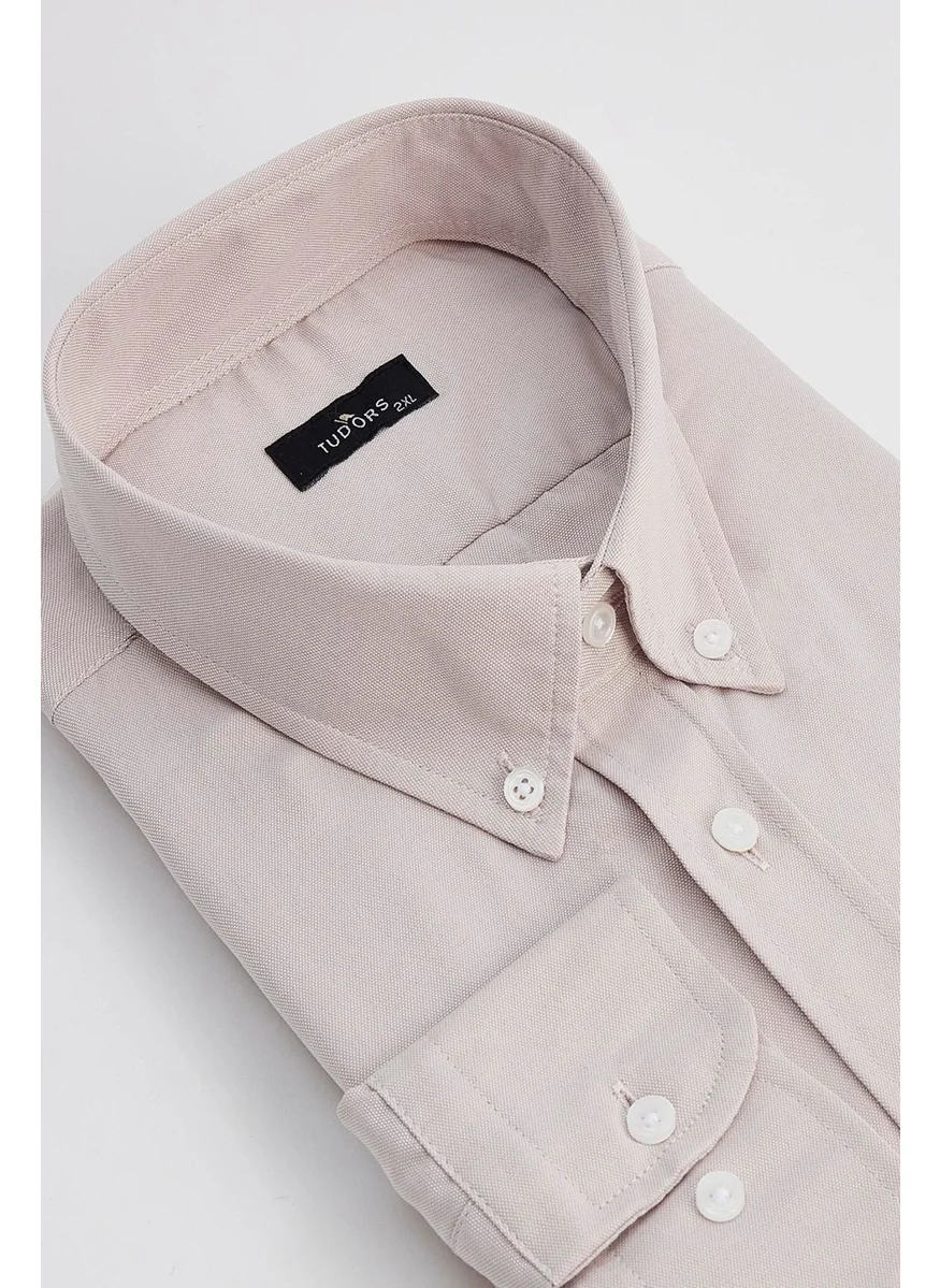 Tudors Men's Big Size Cotton Long Sleeve Oxford Texture Pocket Stone Color Button-Down Collar Shirt