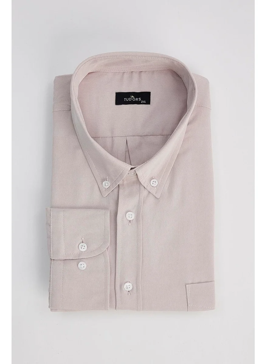 Tudors Men's Big Size Cotton Long Sleeve Oxford Texture Pocket Stone Color Button-Down Collar Shirt