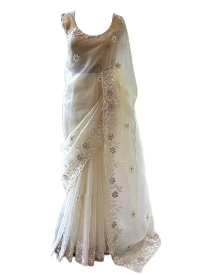 RoyalStyle Royalstyle Women's And Girls Soft organza saree cover with Intricate thread & Siroski work - all over(Multicolour 3)  - Image 1