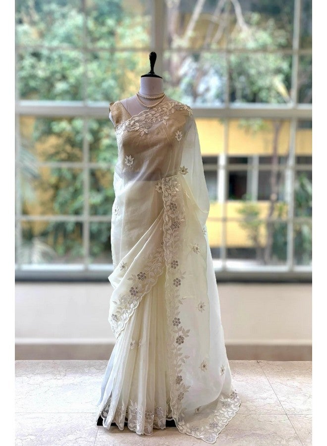 RoyalStyle Royalstyle Women's And Girls Soft organza saree cover with Intricate thread & Siroski work - all over(Multicolour 3)  - Image 3
